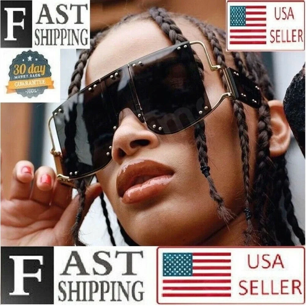 Oversized Shield Sunglasses Gold Studded Accents Fashion Statement Shades Lentes